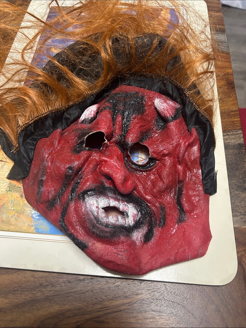 Kids Red Demon Face Mask Costume with Auburn Hair